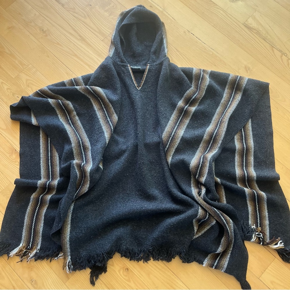 Gamboa Alpaca Wool Hooded Poncho Charcoal Striped Serape Cape, One Size - Picture 2 of 8